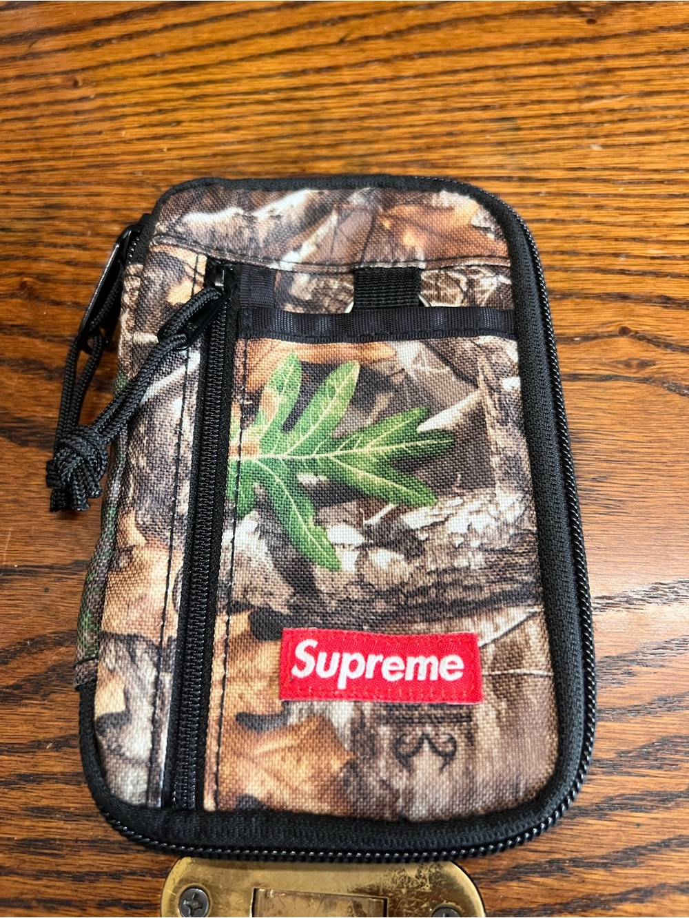 Supreme Brown Camo Leaf Zip Pouch with Red Logo